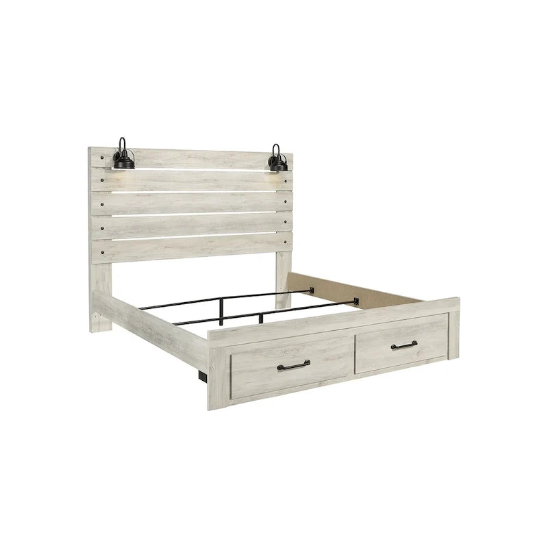 Lit panneau Cambeck blanchi avec 2 tiroirs de rangement au pied de lit