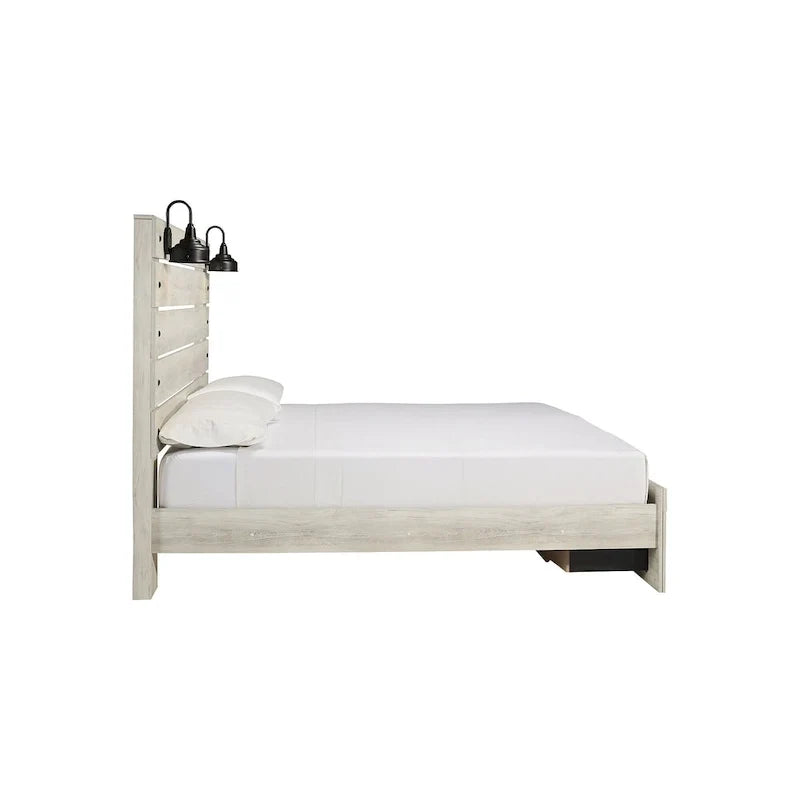 Lit panneau Cambeck blanchi avec 2 tiroirs de rangement au pied de lit