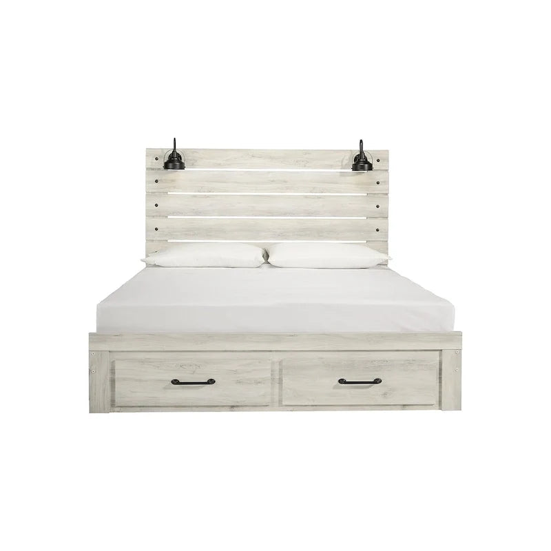 Lit panneau Cambeck blanchi avec 2 tiroirs de rangement au pied de lit