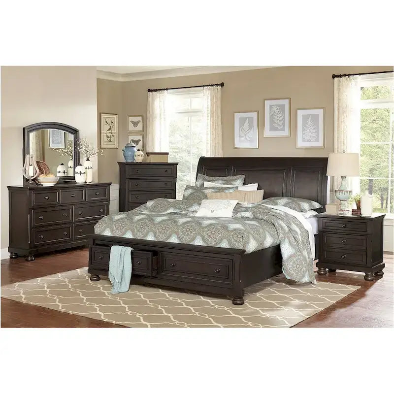 Ensemble de chambre à coucher Brandie à plateforme avec lit traîneau de rangement moderne, 6 pièces, brun grisâtre