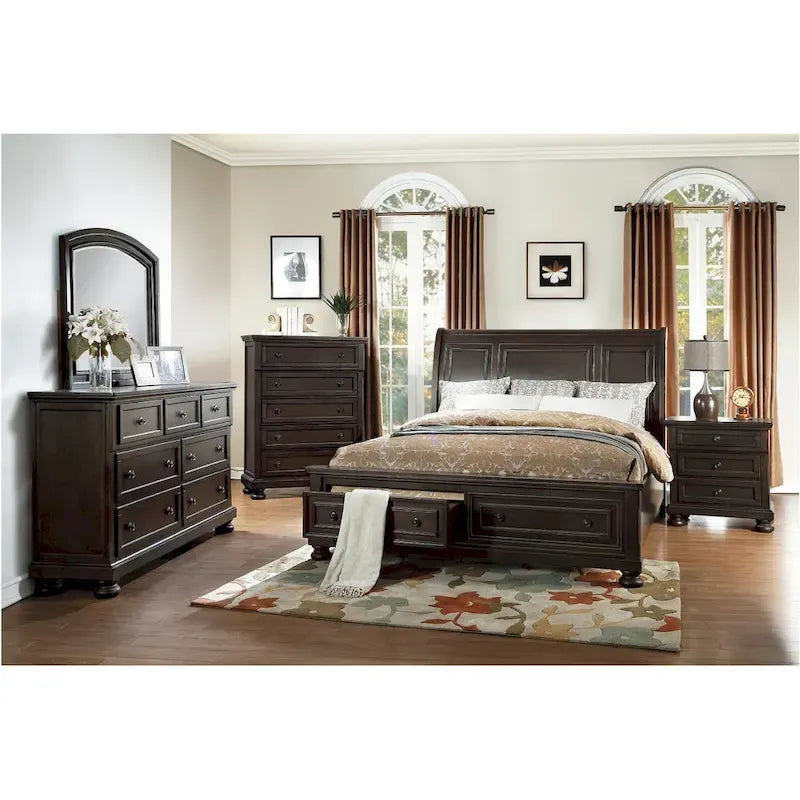 Ensemble de chambre à coucher Brandie à plateforme avec lit traîneau de rangement moderne, 6 pièces, brun grisâtre