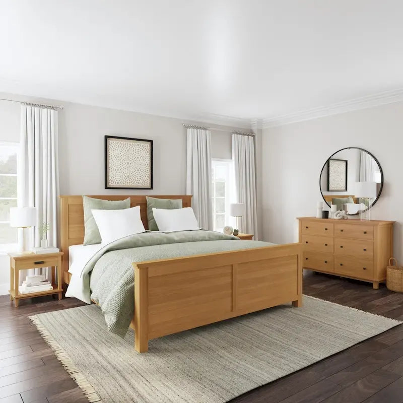 Lit King Size en Bois Marron Oak Park, Deux Tables de Chevet et Commode