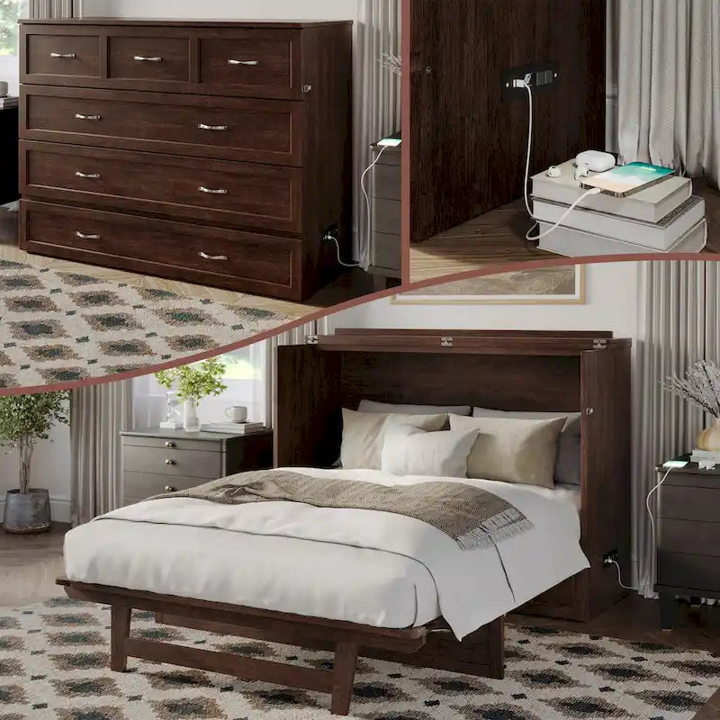 Lit escamotable coffre Northfield avec matelas, finition ambre brûlé