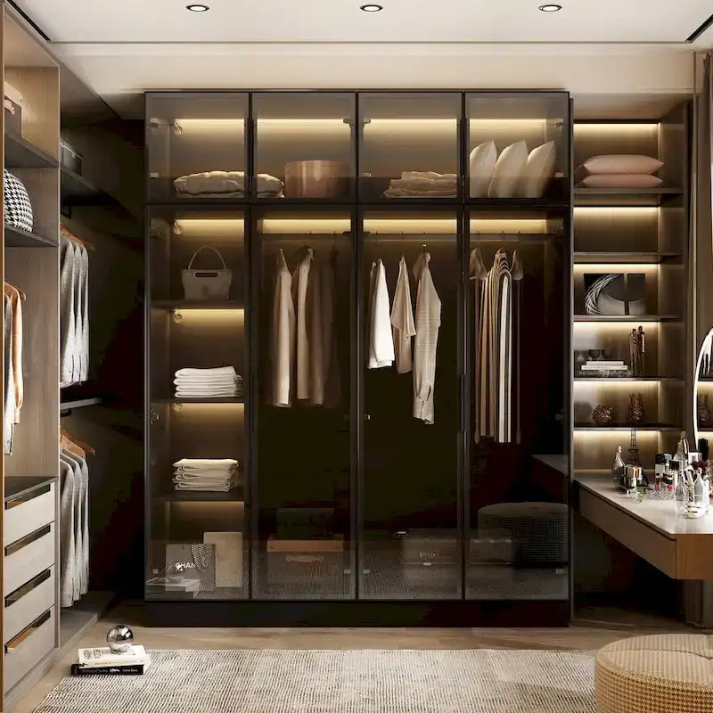 Élégante Armoire Noire avec Éclairage LED et Portes en Verre Trempé