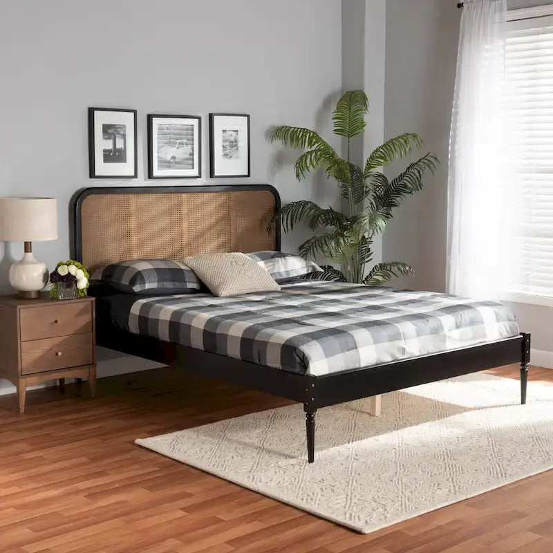 Letto a piattaforma Elston in rattan sintetico mid-century con base in legno - Antracite