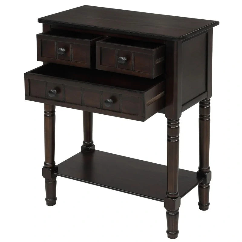 Console étroite, table d'entrée rustique, table basse étroite, trois tiroirs de rangement et étagère inférieure