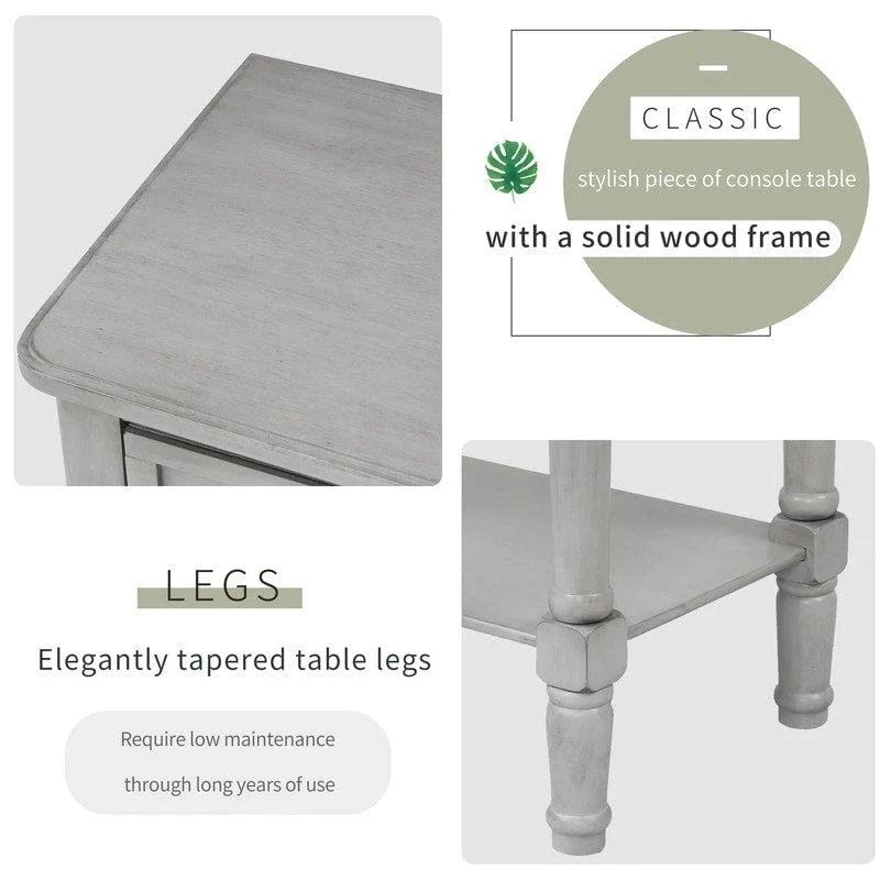 Console étroite, table d'entrée rustique, table basse étroite, trois tiroirs de rangement et étagère inférieure