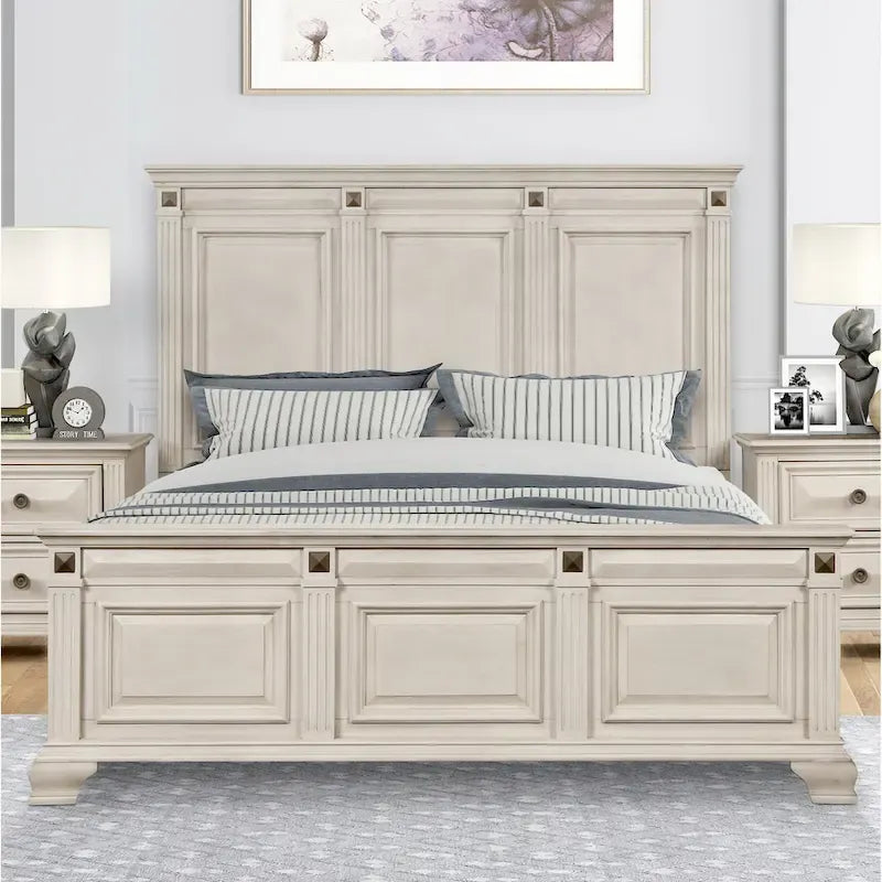 Lit à panneaux en bois Roundhill Furniture Renova, coloris parchemin vieilli