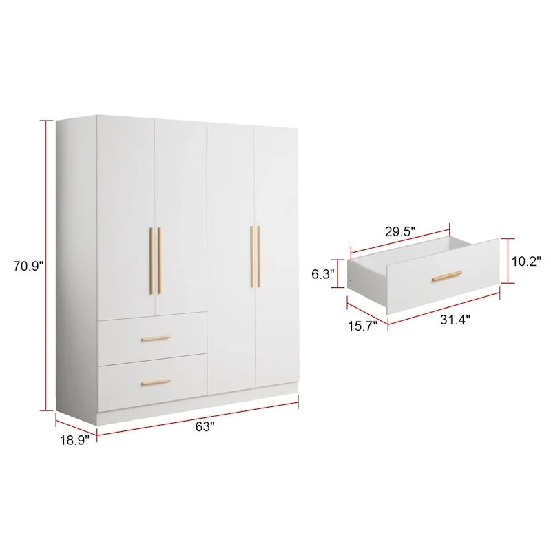 Armoire à 4 portes avec penderie de 63 po (largeur) pour chambre à coucher, meuble de rangement pour vêtements