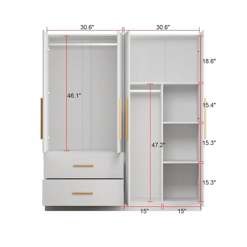 Armoire à 4 portes avec penderie de 63 po (largeur) pour chambre à coucher, meuble de rangement pour vêtements