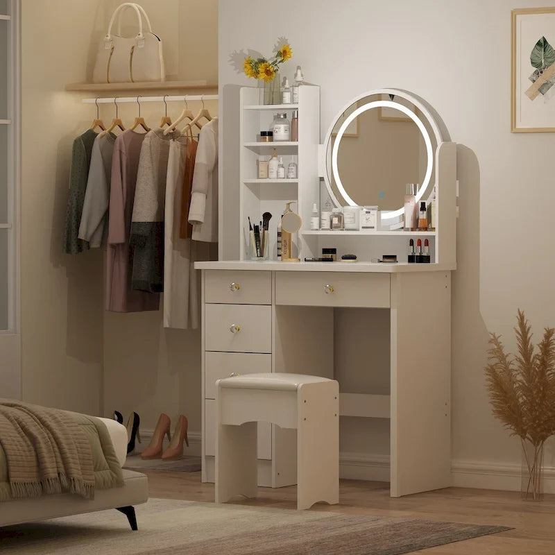 Ensemble de coiffeuse Timechee de 80 cm de large avec tabouret, miroir et 3 lumières de couleur - 80 cm de large