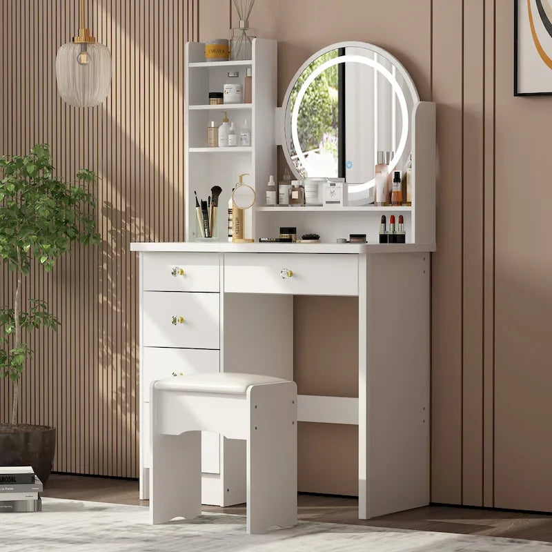 Ensemble de coiffeuse Timechee de 80 cm de large avec tabouret, miroir et 3 lumières de couleur - 80 cm de large