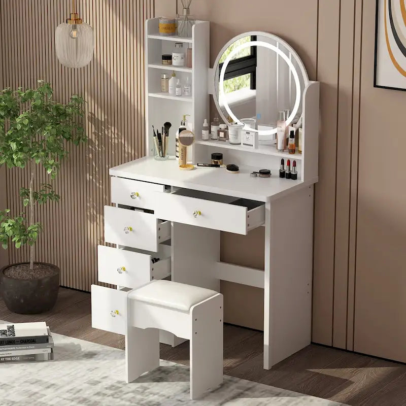 Ensemble de coiffeuse Timechee de 80 cm de large avec tabouret, miroir et 3 lumières de couleur - 80 cm de large