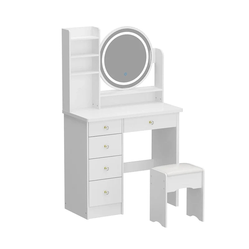 Ensemble de coiffeuse Timechee de 80 cm de large avec tabouret, miroir et 3 lumières de couleur - 80 cm de large