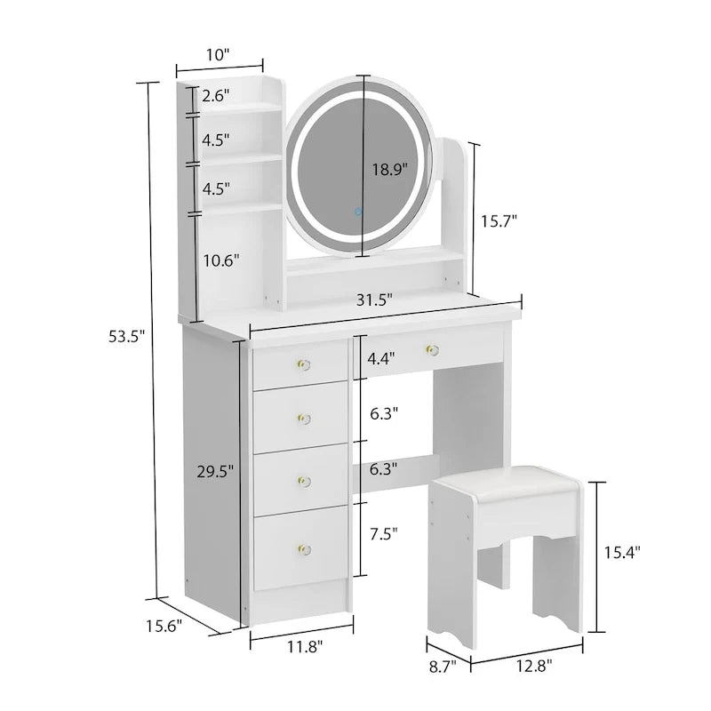 Ensemble de coiffeuse Timechee de 80 cm de large avec tabouret, miroir et 3 lumières de couleur - 80 cm de large