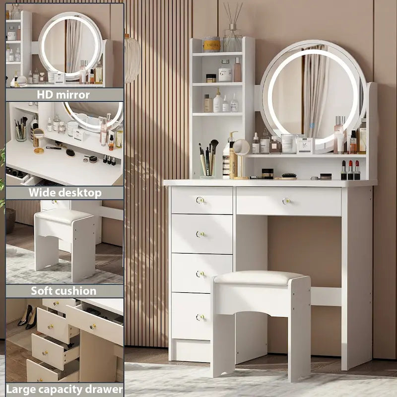 Ensemble de coiffeuse Timechee de 80 cm de large avec tabouret, miroir et 3 lumières de couleur - 80 cm de large