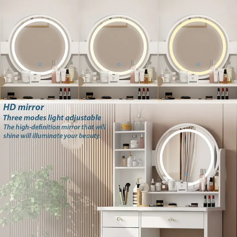 Ensemble de coiffeuse Timechee de 80 cm de large avec tabouret, miroir et 3 lumières de couleur - 80 cm de large