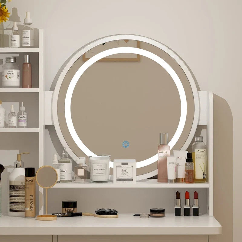 Ensemble de coiffeuse Timechee de 80 cm de large avec tabouret, miroir et 3 lumières de couleur - 80 cm de large