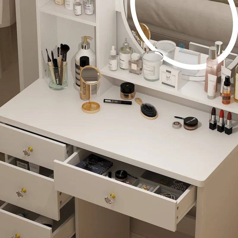 Ensemble de coiffeuse Timechee de 80 cm de large avec tabouret, miroir et 3 lumières de couleur - 80 cm de large
