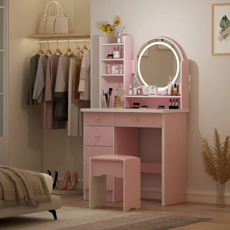 Ensemble de coiffeuse Timechee de 80 cm de large avec tabouret, miroir et 3 lumières de couleur - 80 cm de large