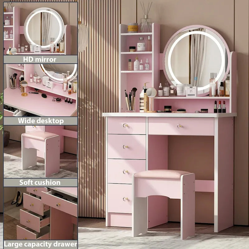 Ensemble de coiffeuse Timechee de 80 cm de large avec tabouret, miroir et 3 lumières de couleur - 80 cm de large