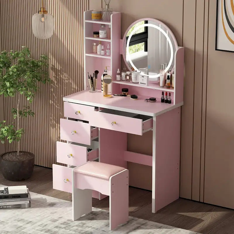 Ensemble de coiffeuse Timechee de 80 cm de large avec tabouret, miroir et 3 lumières de couleur - 80 cm de large