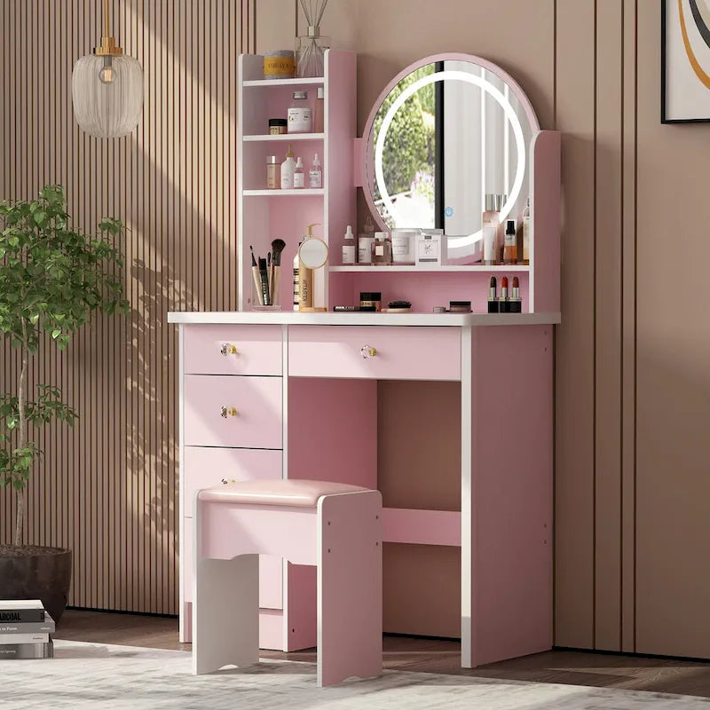 Ensemble de coiffeuse Timechee de 80 cm de large avec tabouret, miroir et 3 lumières de couleur - 80 cm de large