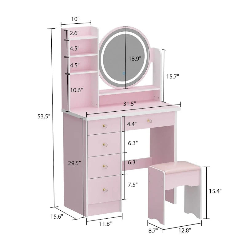 Ensemble de coiffeuse Timechee de 80 cm de large avec tabouret, miroir et 3 lumières de couleur - 80 cm de large
