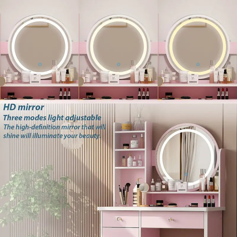 Ensemble de coiffeuse Timechee de 80 cm de large avec tabouret, miroir et 3 lumières de couleur - 80 cm de large