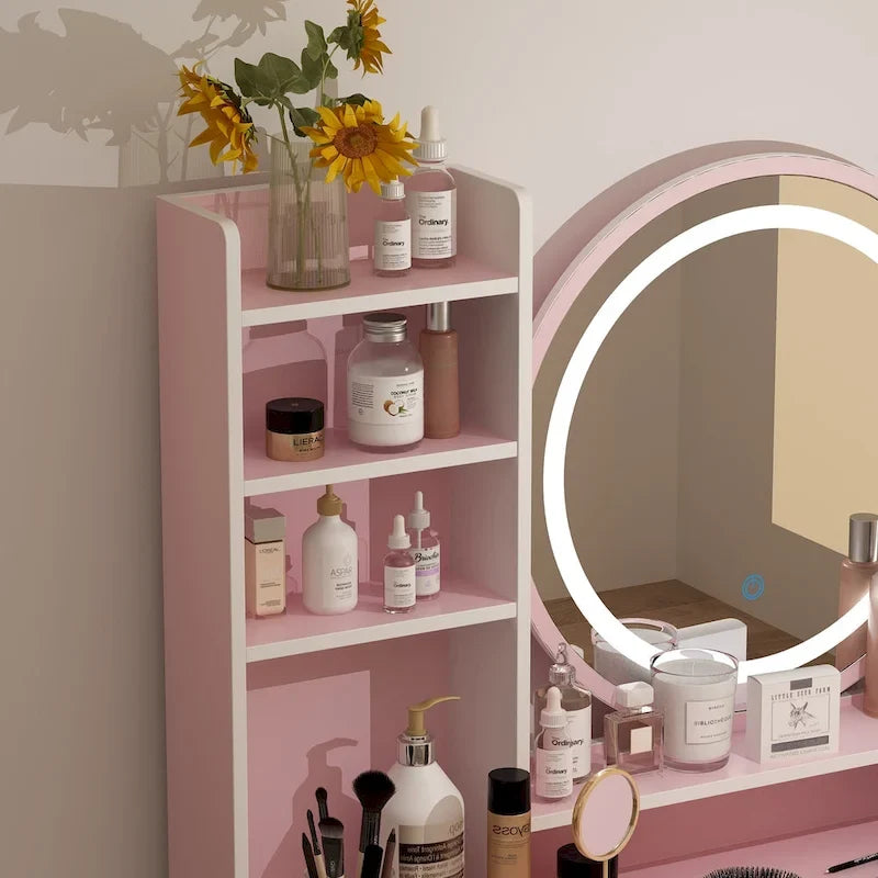 Ensemble de coiffeuse Timechee de 80 cm de large avec tabouret, miroir et 3 lumières de couleur - 80 cm de large