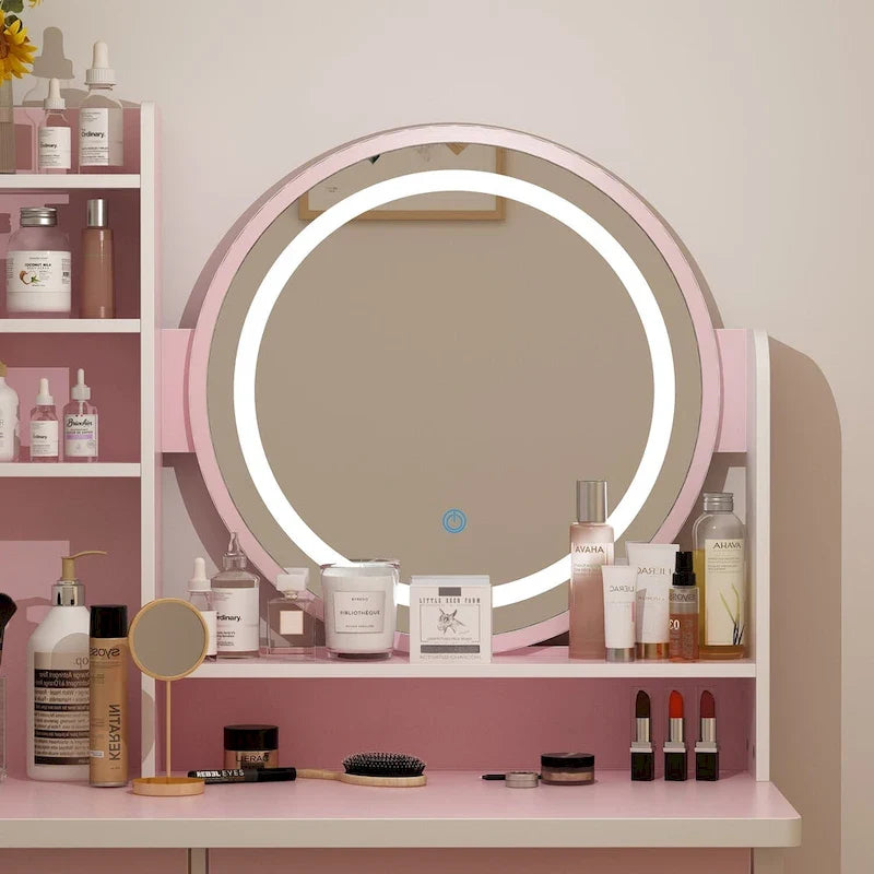 Ensemble de coiffeuse Timechee de 80 cm de large avec tabouret, miroir et 3 lumières de couleur - 80 cm de large