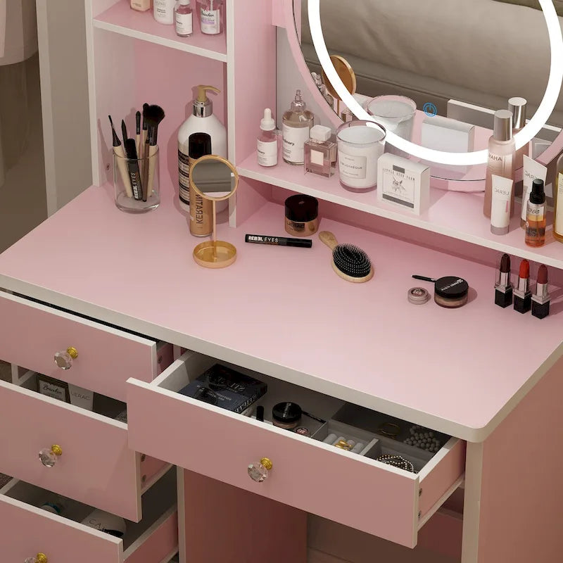 Ensemble de coiffeuse Timechee de 80 cm de large avec tabouret, miroir et 3 lumières de couleur - 80 cm de large