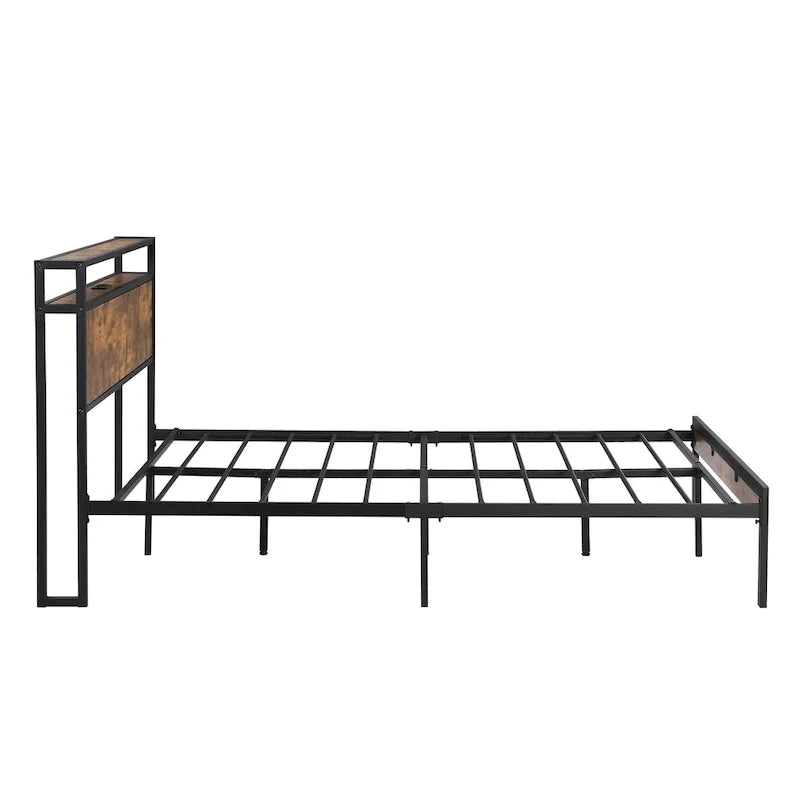 Lordear Lit Plateforme en Métal Queen Size avec Tête et Pied de Lit en Bois et Doublure USB