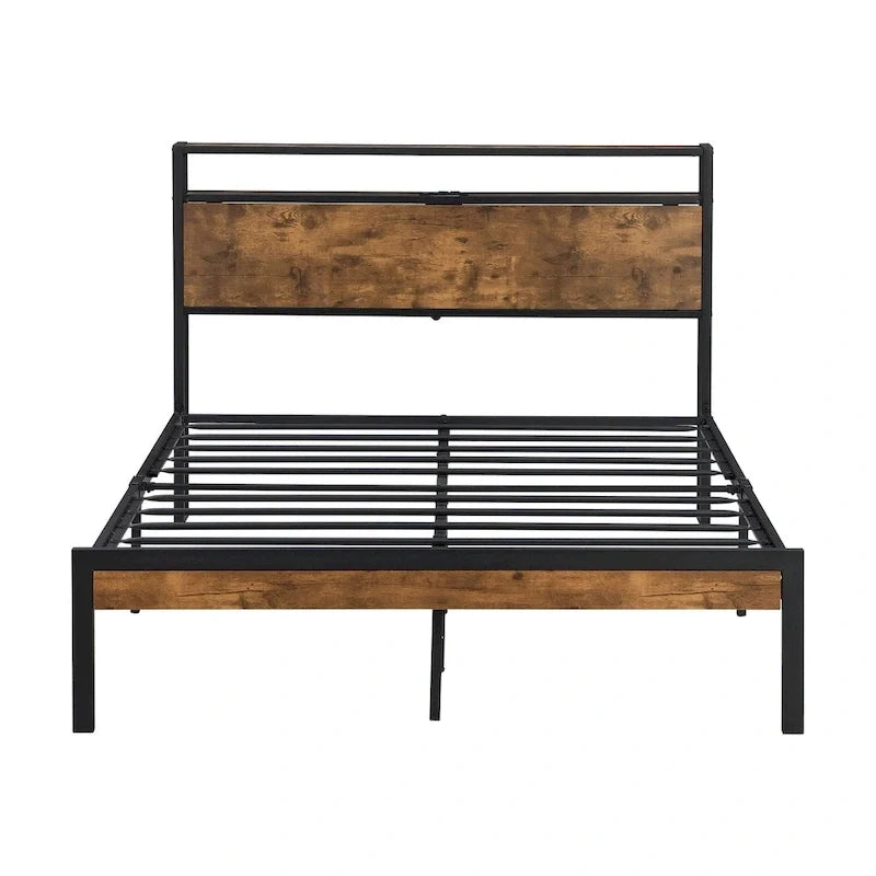 Lordear Lit Plateforme en Métal Queen Size avec Tête et Pied de Lit en Bois et Doublure USB