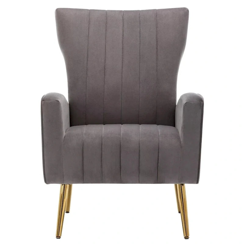 Fauteuil d'appoint confortable en velours avec dossier ailé et pieds en métal doré