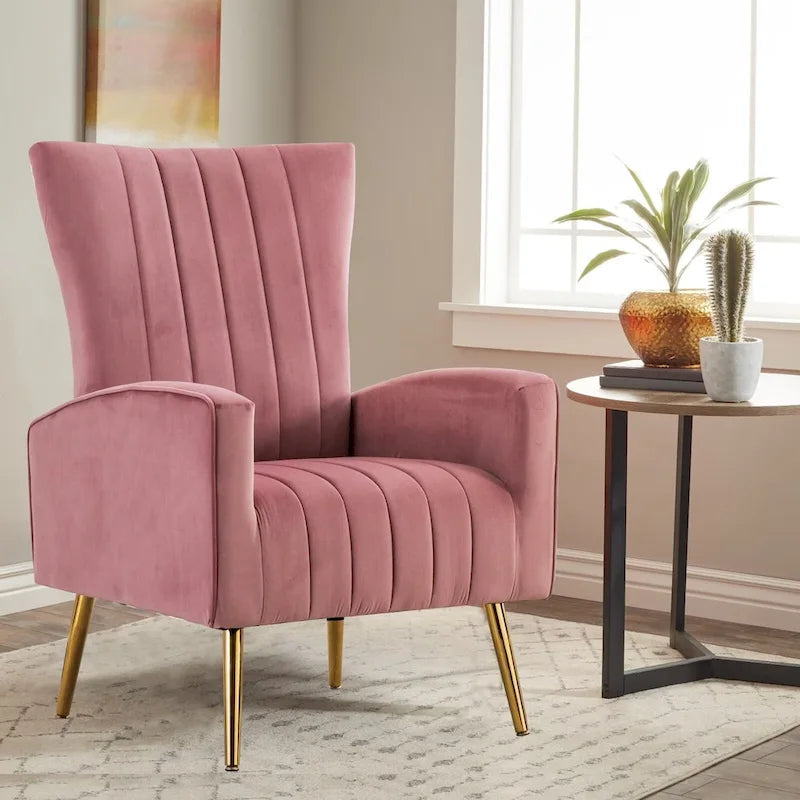 Fauteuil d'appoint confortable en velours avec dossier ailé et pieds en métal doré