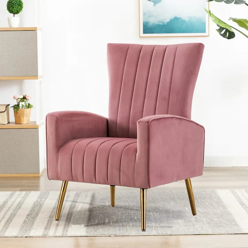 Fauteuil d'appoint confortable en velours avec dossier ailé et pieds en métal doré