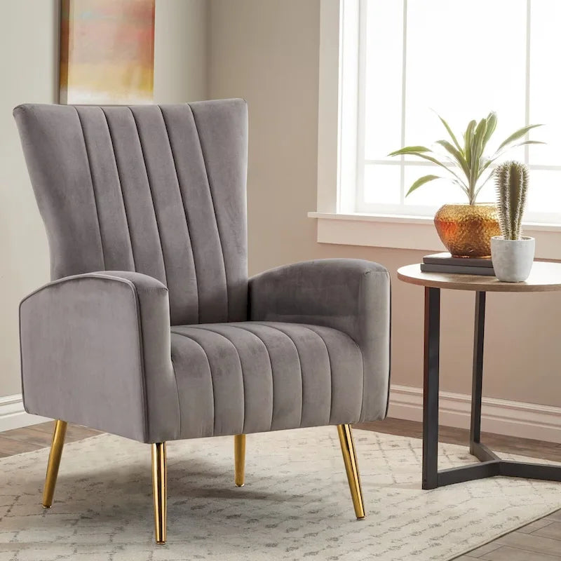 Fauteuil d'appoint confortable en velours avec dossier ailé et pieds en métal doré