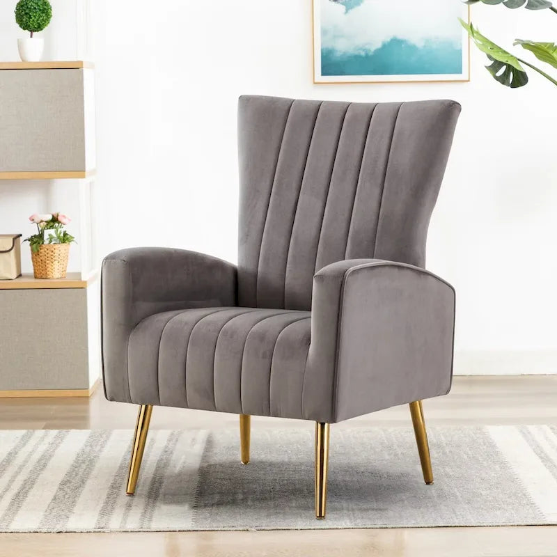 Fauteuil d'appoint confortable en velours avec dossier ailé et pieds en métal doré