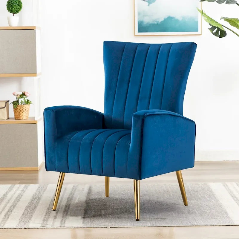 Fauteuil d'appoint confortable en velours avec dossier ailé et pieds en métal doré