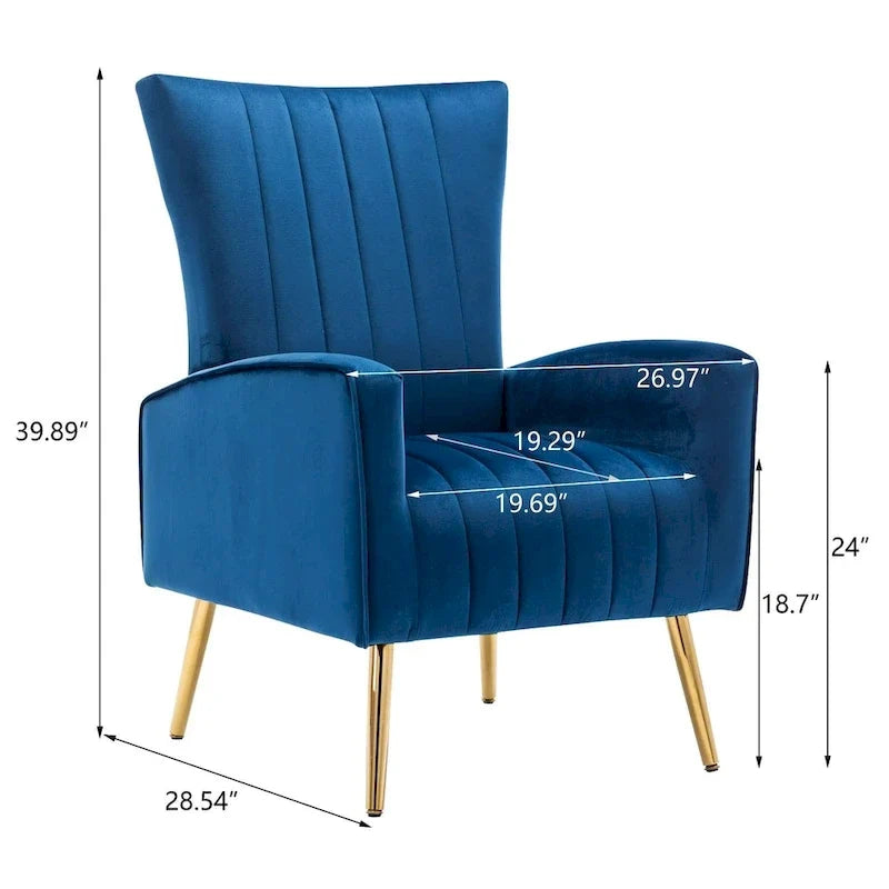 Fauteuil d'appoint confortable en velours avec dossier ailé et pieds en métal doré
