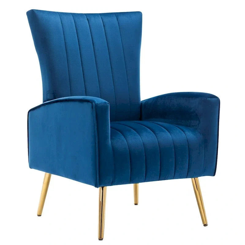Fauteuil d'appoint confortable en velours avec dossier ailé et pieds en métal doré