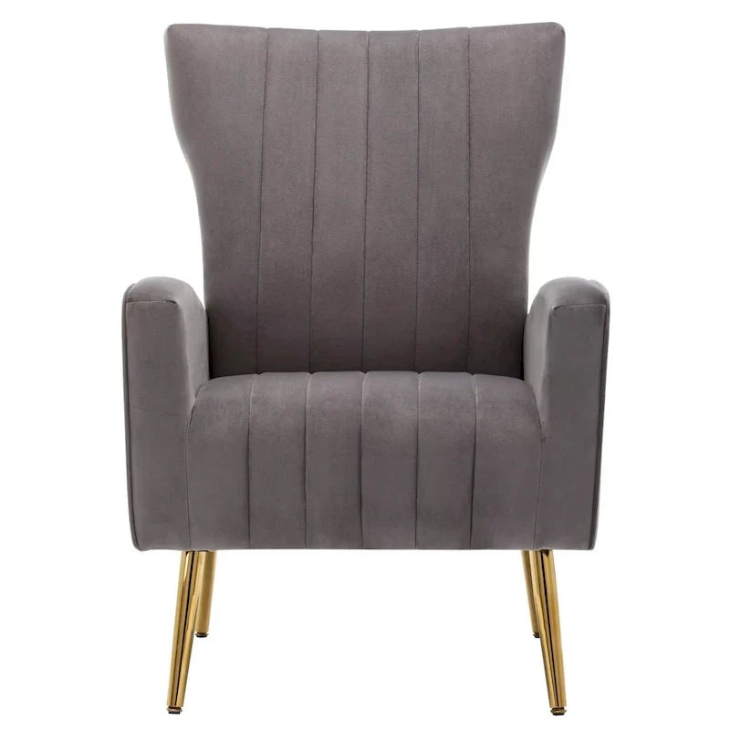 Fauteuil d'appoint confortable en velours avec dossier ailé et pieds en métal doré