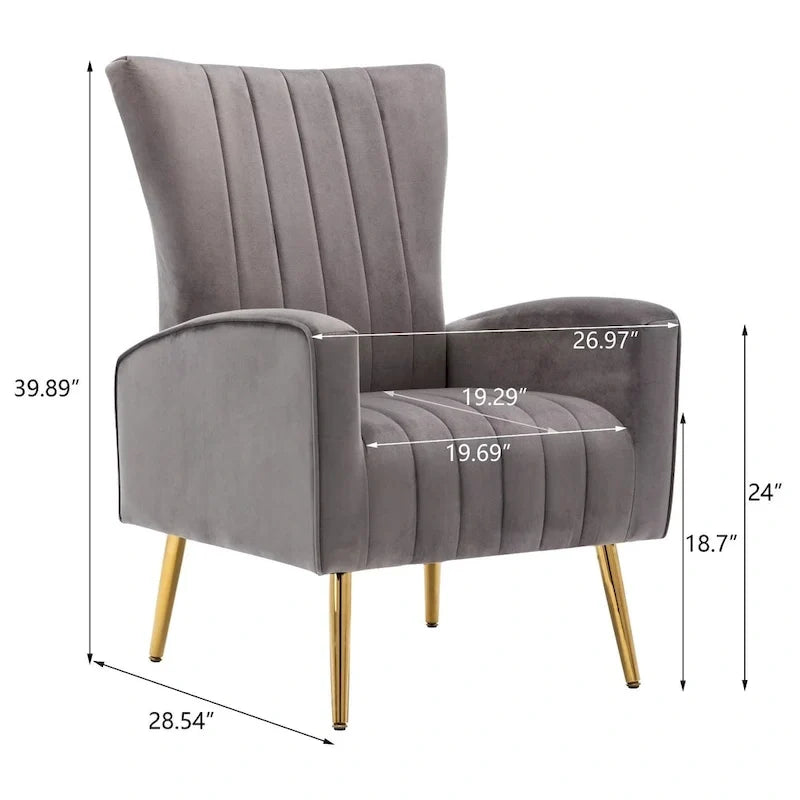 Fauteuil d'appoint confortable en velours avec dossier ailé et pieds en métal doré
