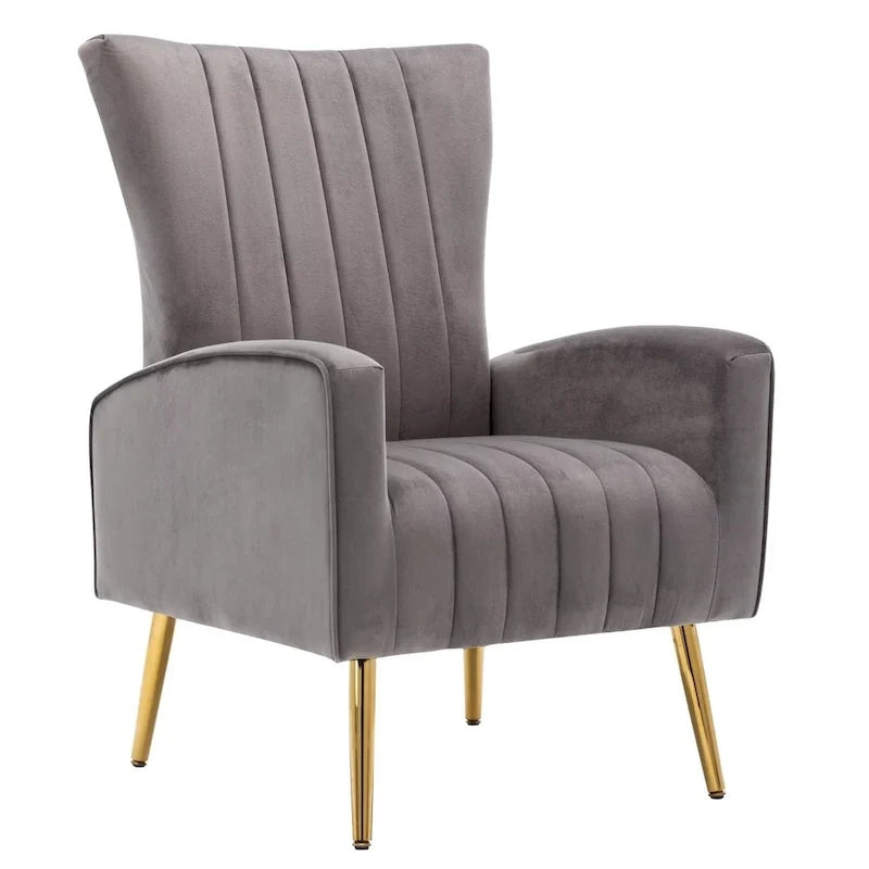 Fauteuil d'appoint confortable en velours avec dossier ailé et pieds en métal doré