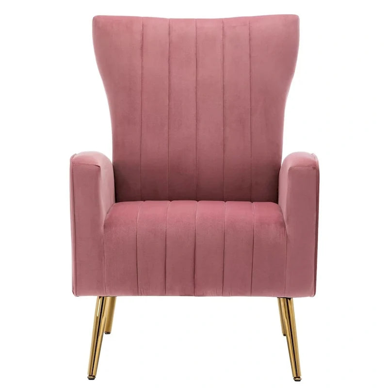 Fauteuil d'appoint confortable en velours avec dossier ailé et pieds en métal doré