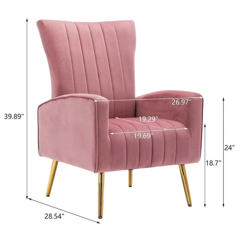 Fauteuil d'appoint confortable en velours avec dossier ailé et pieds en métal doré