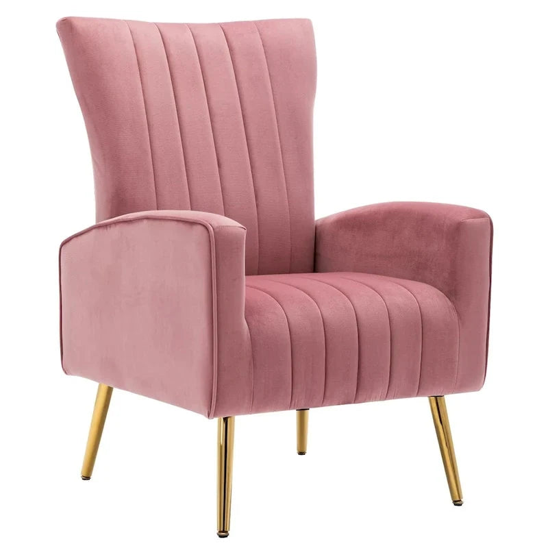 Fauteuil d'appoint confortable en velours avec dossier ailé et pieds en métal doré
