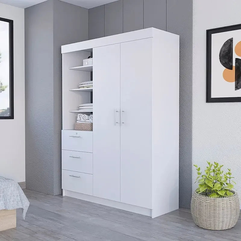 Armoire 3 tiroirs Kenya avec 3 étagères supérieures, 2 cintres, poignées en métal, blanc - N/A