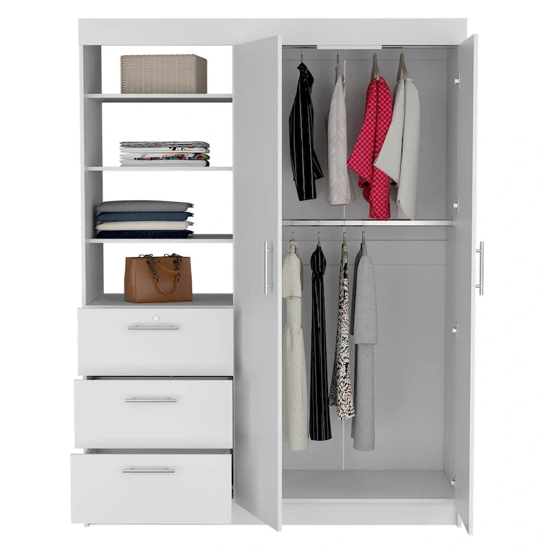 Armoire 3 tiroirs Kenya avec 3 étagères supérieures, 2 cintres, poignées en métal, blanc - N/A